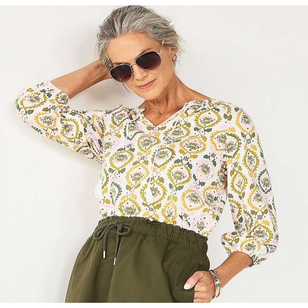 Croft & Barrow 3/4 Sleeve Peasant Top White Olive Medallion Size MP